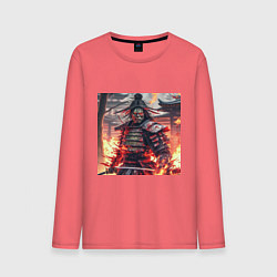 Лонгслив хлопковый мужской Самурай зомби в пламени огня, цвет: коралловый
