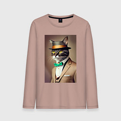 Лонгслив хлопковый мужской Портрет кота джентльмена в шляпе, цвет: пыльно-розовый