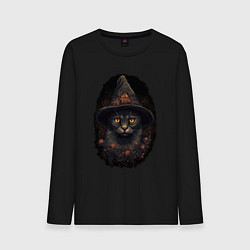 Лонгслив хлопковый мужской Кот в шляпе ведьмы, цвет: черный