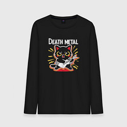 Лонгслив хлопковый мужской Death metal - котик с гитарой, цвет: черный