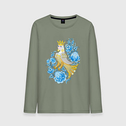 Лонгслив хлопковый мужской Птица Сирин в цветах по мотивам гжельской росписи, цвет: авокадо