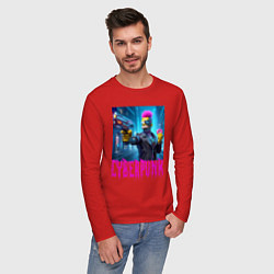 Лонгслив хлопковый мужской Homer Simpson with a gun and a donut - cyberpunk -, цвет: красный — фото 2