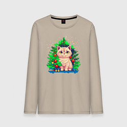 Лонгслив хлопковый мужской Милый котик под новогодней елкой, цвет: миндальный