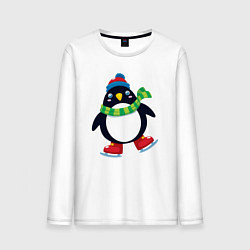 Лонгслив хлопковый мужской Пингвин на коньках, цвет: белый