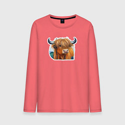 Лонгслив хлопковый мужской Шотландский волосатый бык, цвет: коралловый