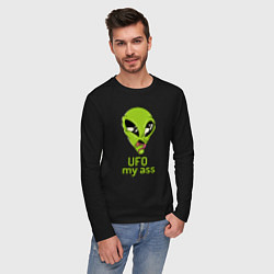 Лонгслив хлопковый мужской Зеленый пришелец НЛО с надписью UFO my ass, цвет: черный — фото 2