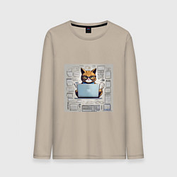 Лонгслив хлопковый мужской Кот программист за ноутбуком, цвет: миндальный