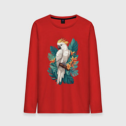 Лонгслив хлопковый мужской Попугай какаду и тропические листья, цвет: красный