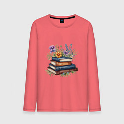 Лонгслив хлопковый мужской Стопка книг с полевыми цветами, цвет: коралловый
