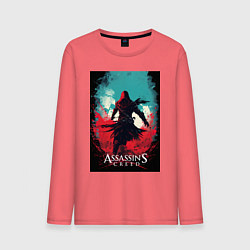 Лонгслив хлопковый мужской Assassins creed red blue abstract, цвет: коралловый