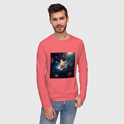 Лонгслив хлопковый мужской Корги в космосе, цвет: коралловый — фото 2