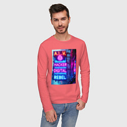 Лонгслив хлопковый мужской Ai hacker digital rebel - neon glow, цвет: коралловый — фото 2