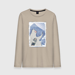 Лонгслив хлопковый мужской Зимние медвежьи селфи, цвет: миндальный