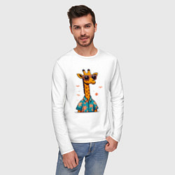 Лонгслив хлопковый мужской Модный жираф в солнечных очках и гавайской рубашке, цвет: белый — фото 2