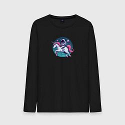 Лонгслив хлопковый мужской Космонавт верхом на мультяшном единороге, цвет: черный
