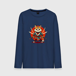 Лонгслив хлопковый мужской Рыжий кот самурай с мечами, цвет: тёмно-синий