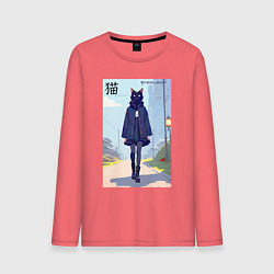 Лонгслив хлопковый мужской Чёрная кошечка на своём районе - нейросеть, цвет: коралловый
