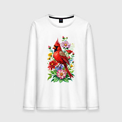 Мужской лонгслив Птица красный кардинал среди цветов