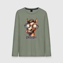 Лонгслив хлопковый мужской Смешная лошадь - серьезно, цвет: авокадо