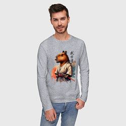 Лонгслив хлопковый мужской Capybara samurai - ai art fantasy, цвет: меланж — фото 2