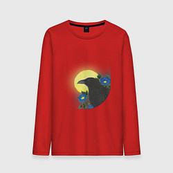 Лонгслив хлопковый мужской Чёрный ворон на ветке под луной, цвет: красный