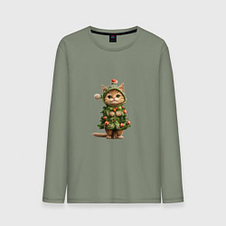 Лонгслив хлопковый мужской Кот в костюме новогодней елки, цвет: авокадо