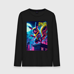 Лонгслив хлопковый мужской Ужасный Пикачу на крыше небоскрёба - хэллоуин, цвет: черный
