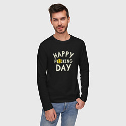 Лонгслив хлопковый мужской Happy f**king day - надпись и смайл, цвет: черный — фото 2