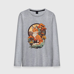 Лонгслив хлопковый мужской Лиса в японском стиле на фоне гор, цвет: меланж