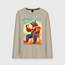 Лонгслив хлопковый мужской Bear bodybuilder with a cup of beer on a beach - a, цвет: миндальный
