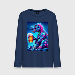 Лонгслив хлопковый мужской Cyber tyrannosaur with a mug of beer - ai art fant, цвет: тёмно-синий