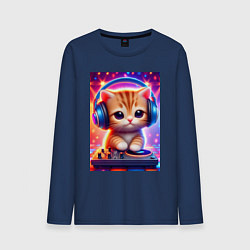 Лонгслив хлопковый мужской Cutie kitten DJ - neon glow, цвет: тёмно-синий
