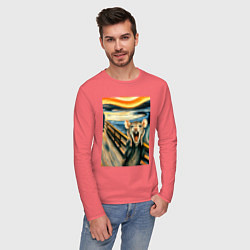 Лонгслив хлопковый мужской Мышка кричит на картине Эдварда Мунка - мем искусс, цвет: коралловый — фото 2