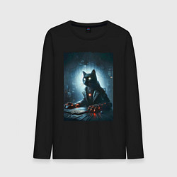 Мужской лонгслив Кибер кот за компьютером - неоновое свечение