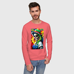 Лонгслив хлопковый мужской Girl witch - pop art, цвет: коралловый — фото 2