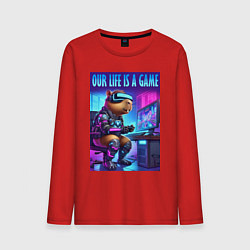 Лонгслив хлопковый мужской Капибара заядлый геймер - неоновое свечение, цвет: красный