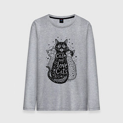Лонгслив хлопковый мужской Keep calm and love cats, цвет: меланж