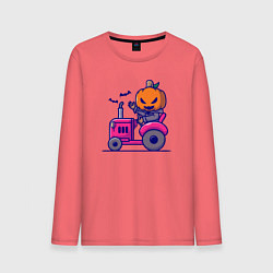 Лонгслив хлопковый мужской Тыква на тракторе, цвет: коралловый