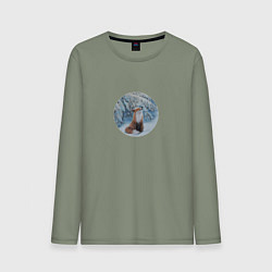 Лонгслив хлопковый мужской Лиса, снег, зима, цвет: авокадо
