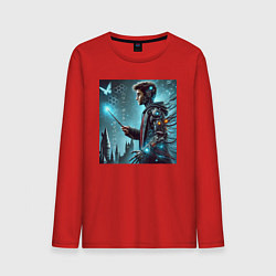 Лонгслив хлопковый мужской Harry Potter with a magic wand - cyberpunk, цвет: красный