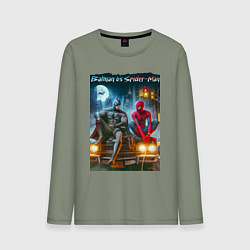 Лонгслив хлопковый мужской Разговор Бэтмена и человека паука на капоте автомо, цвет: авокадо