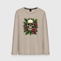 Лонгслив хлопковый мужской Череп в зеленых листьях и красных розах, цвет: миндальный