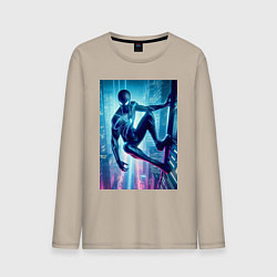 Лонгслив хлопковый мужской Чувак-паук висит на стене небоскрёба, цвет: миндальный