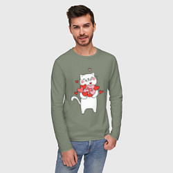 Лонгслив хлопковый мужской Белый кот с охапкой сердец, цвет: авокадо — фото 2