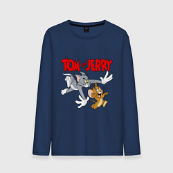 Лонгслив хлопковый мужской Том и Джерри - погоня, цвет: тёмно-синий