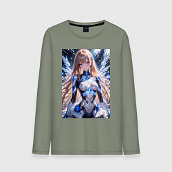 Лонгслив хлопковый мужской Девушка с кибернетическими крыльями, цвет: авокадо