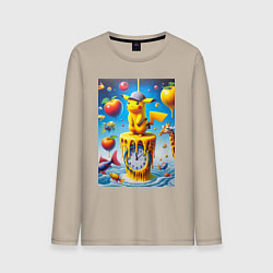 Лонгслив хлопковый мужской Funny Pikachu and fishes - surrealism, цвет: миндальный