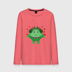 Лонгслив хлопковый мужской Влюбленный мультяшный зеленый монстр, цвет: коралловый