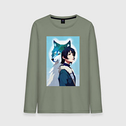 Лонгслив хлопковый мужской Мечтательная девчонка и волк - нейроарт, цвет: авокадо