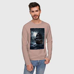Лонгслив хлопковый мужской Пиратский корабль в шторм, цвет: пыльно-розовый — фото 2